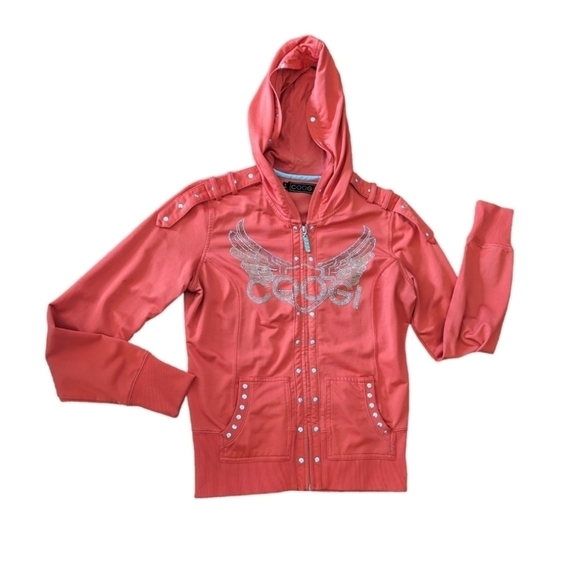 Coogi Y2K Angel Wings metallic studded red Knit hooded zip front jacket Sz M - Picture 9 of 12